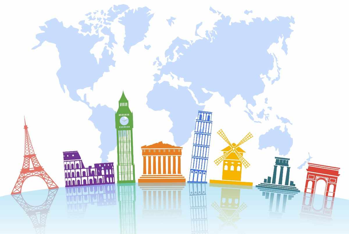 Colorful world landmarks illustration with map background
